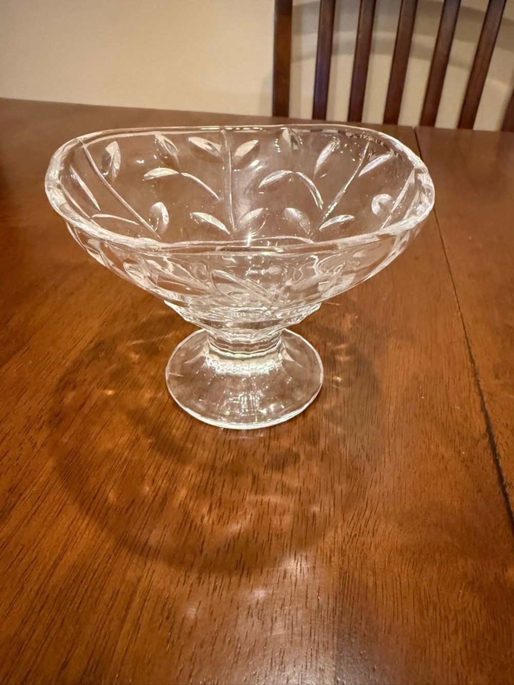 Clear Pressed Glass Pedestal Compote - Leaf Motif